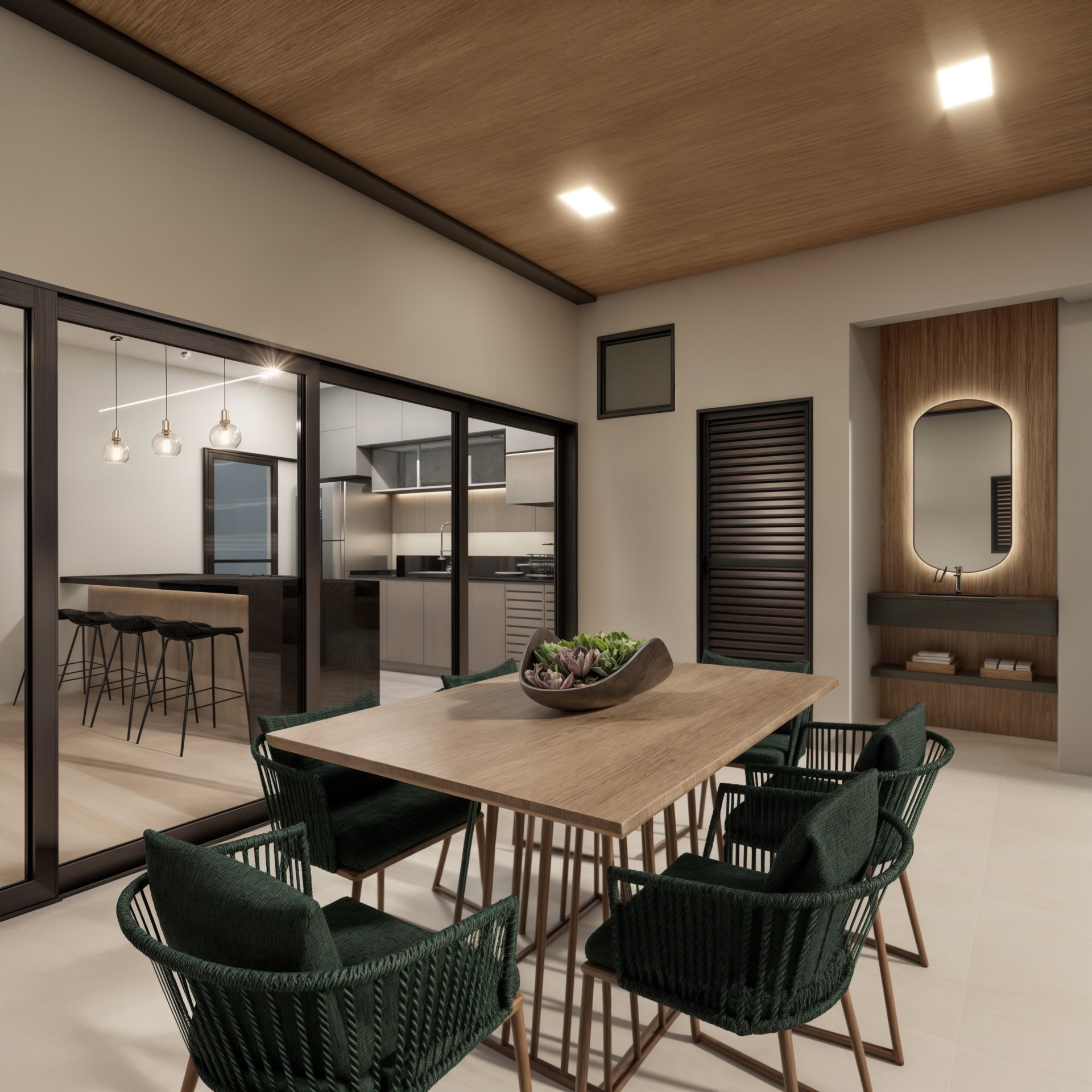 Varanda gourmet com mesa de jantar — Render 3D